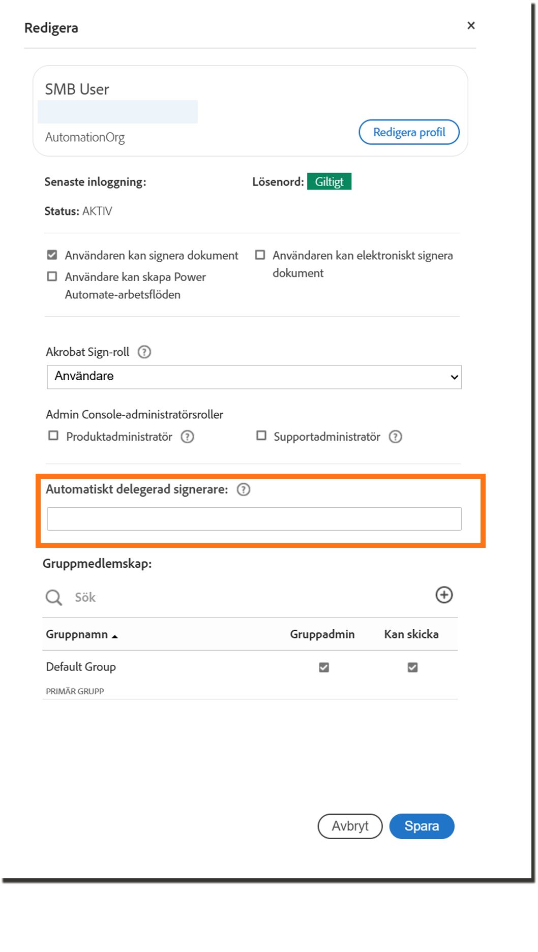 Panelen Användarprofil som markerar inställningarna för automatisk delegering