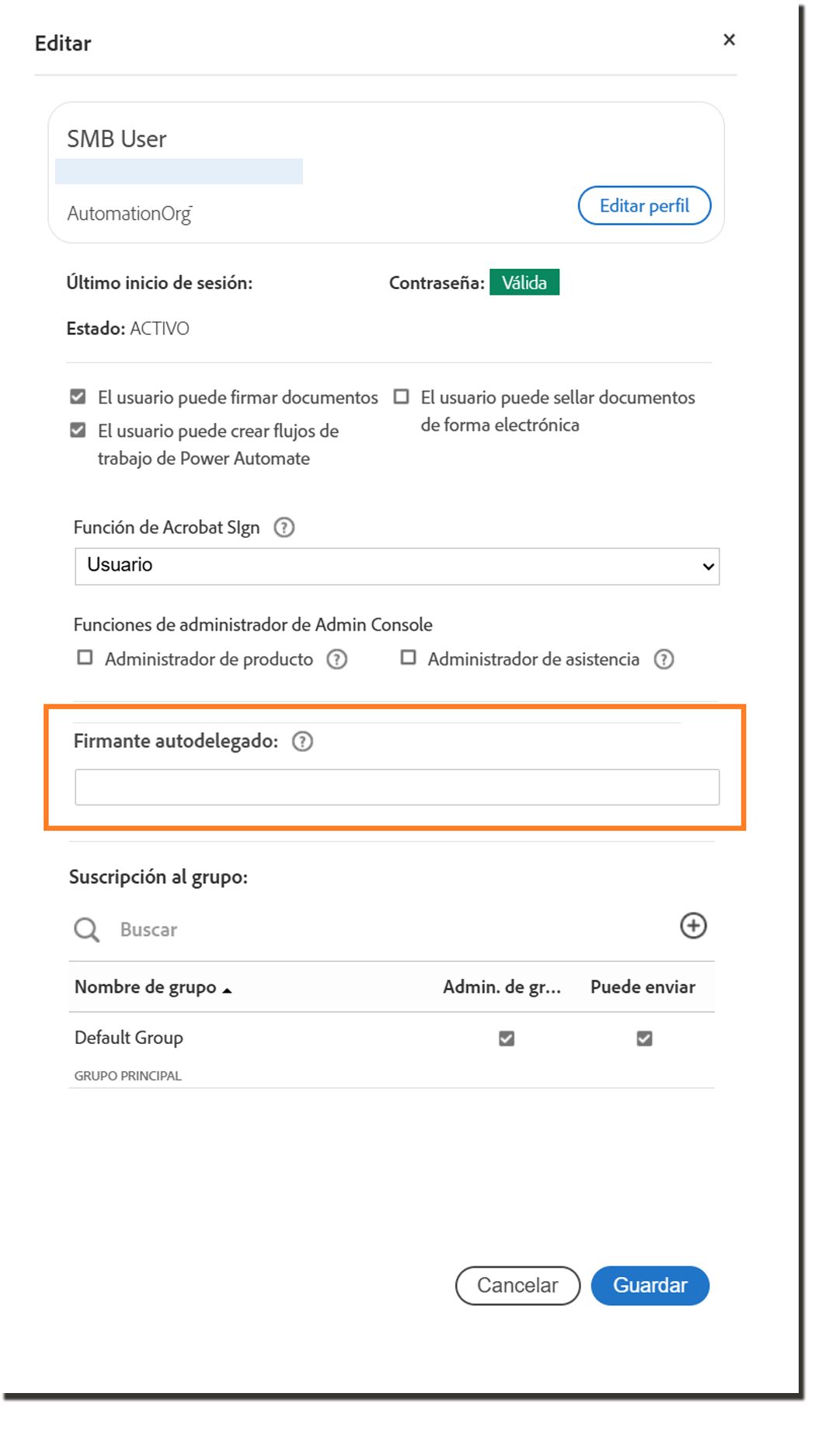 El panel del perfil de usuario que resalta la configuración de delegación automática