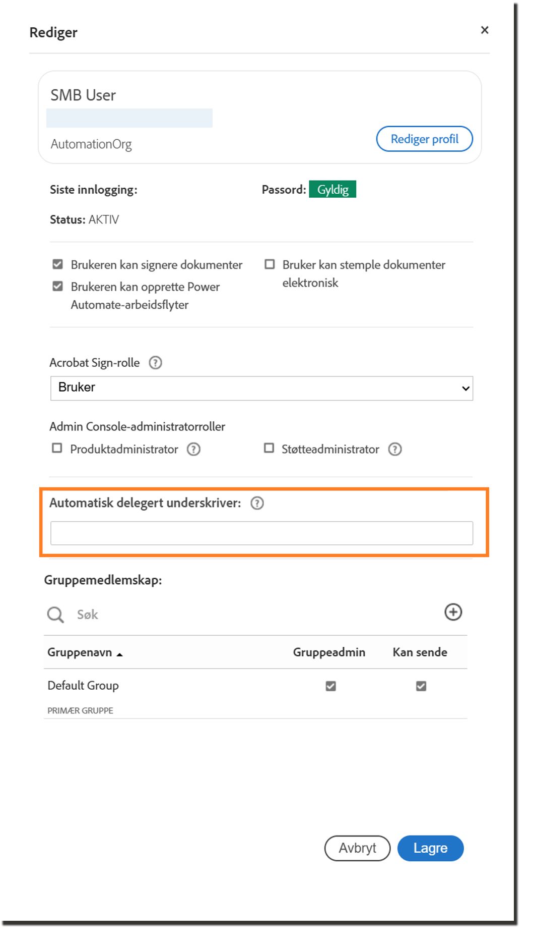 Brukerprofilpanelet uthever innstillingene for automatisk delegering