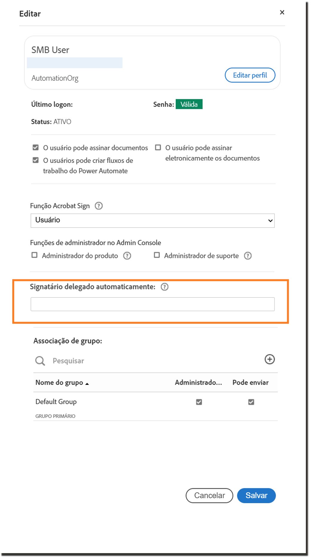 O painel de perfil de usuário destacando as configurações de delegação automática