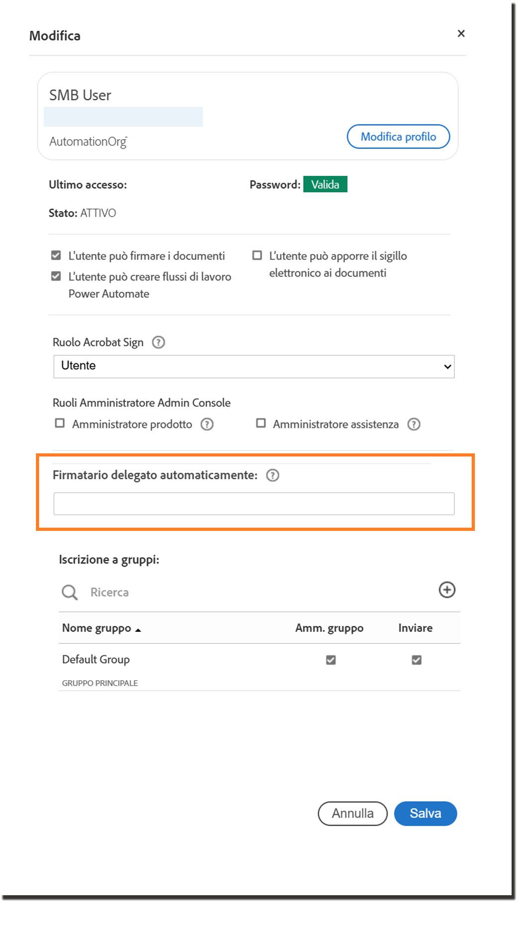 Il pannello del profilo utente che evidenzia le impostazioni di delega automatica