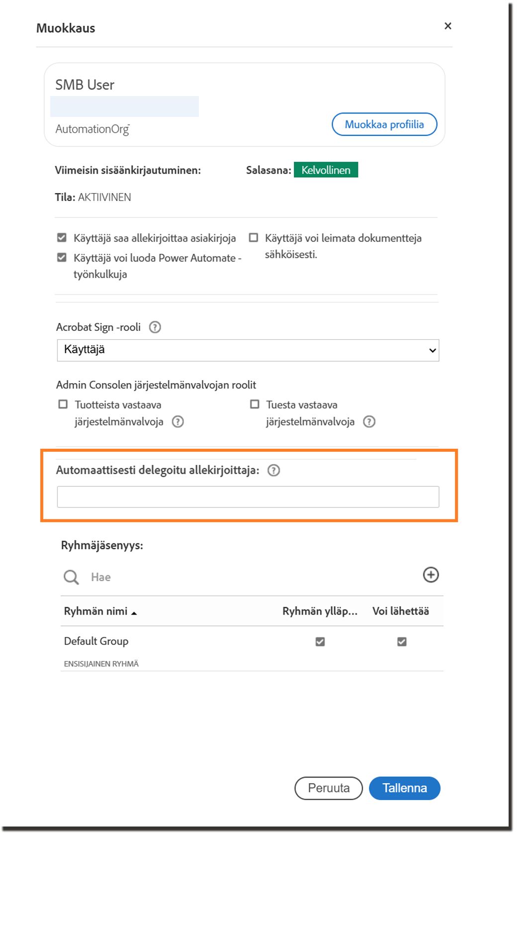 Käyttäjäprofiilipaneeli, jossa Automaattisen delegoinnin asetukset ovat korostettuina