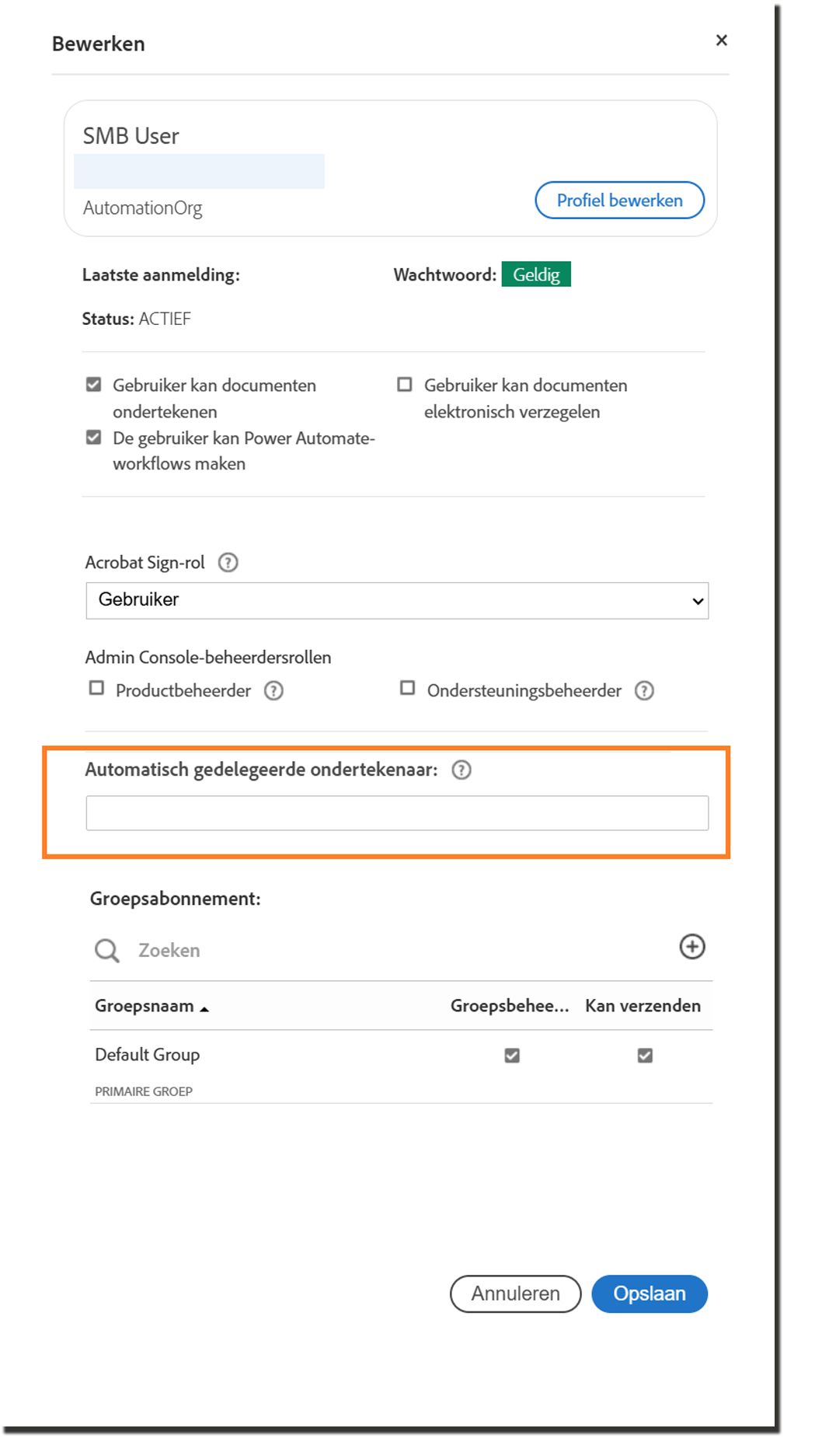 Het gebruikersprofieldeelvenster met de instellingen voor automatische delegatie