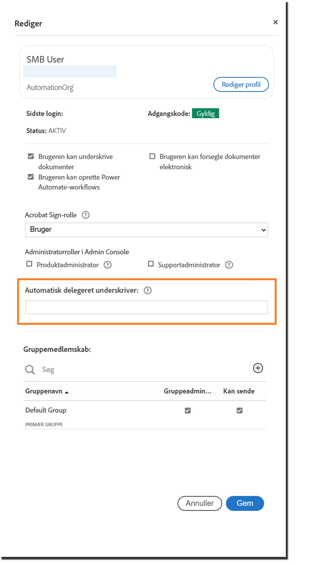 Brugerprofilpanelet, der fremhæver indstillingerne for automatisk delegering