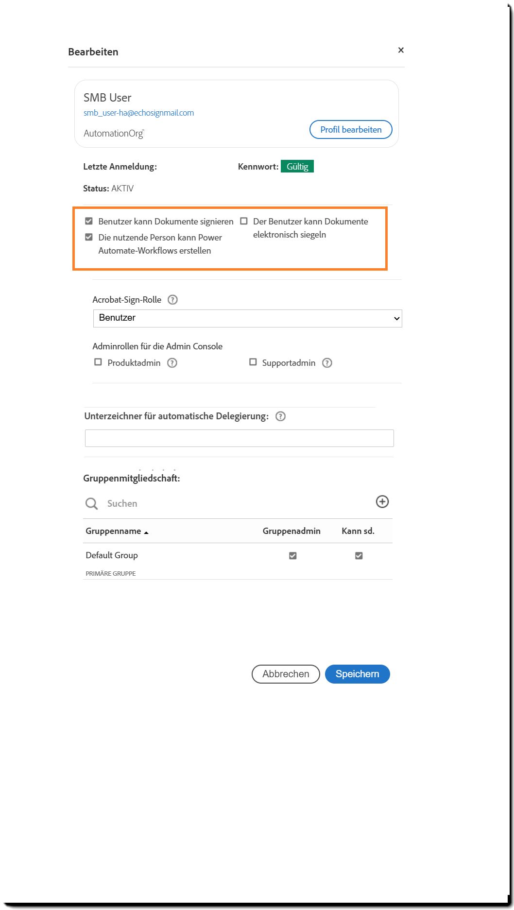 Das Benutzendenprofilfeld, auf dem die Optionen für die Unterzeichnendenberechtigungen hervorgehoben sind.