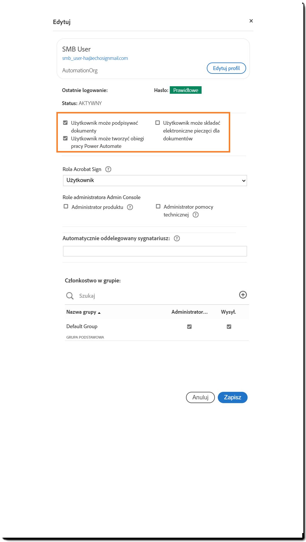 Panel profilu użytkownika z podświetlonymi opcjami uprawnień sygnatariusza.