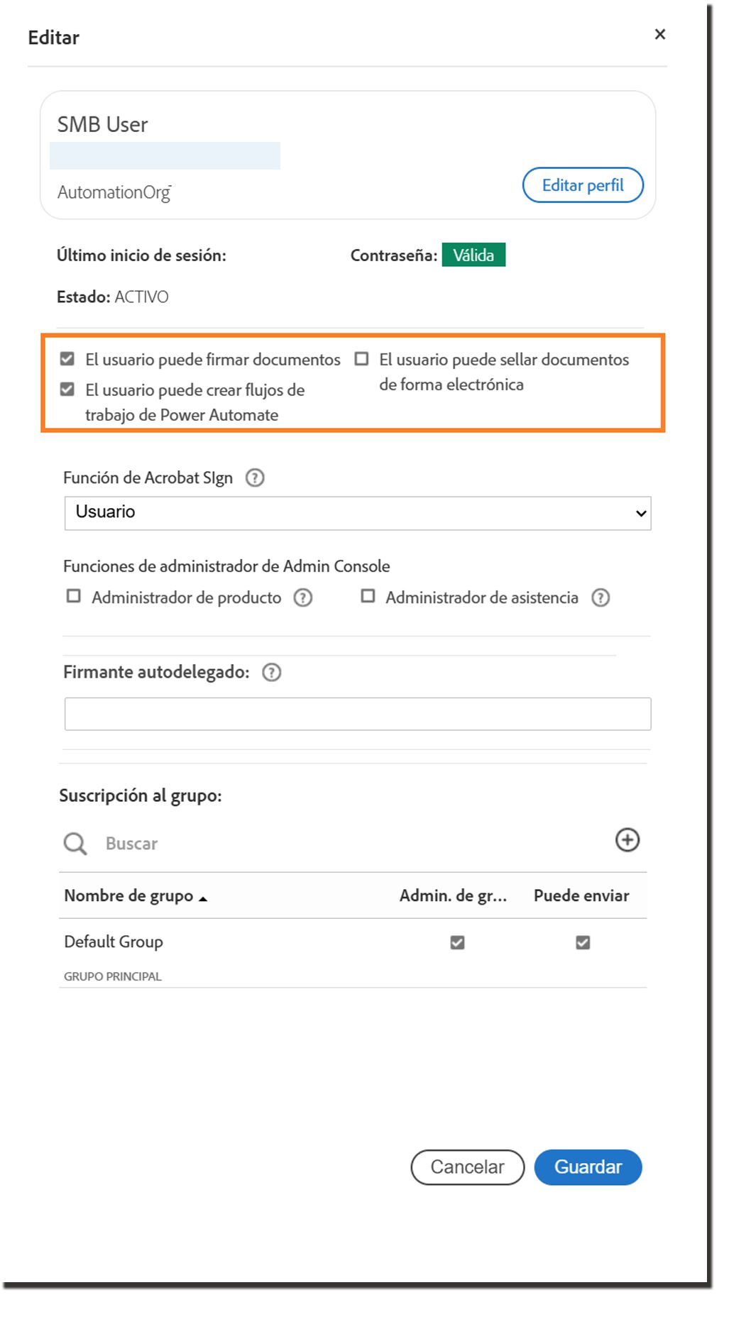El panel del perfil de usuario que resalta las opciones de autoridad del firmante.