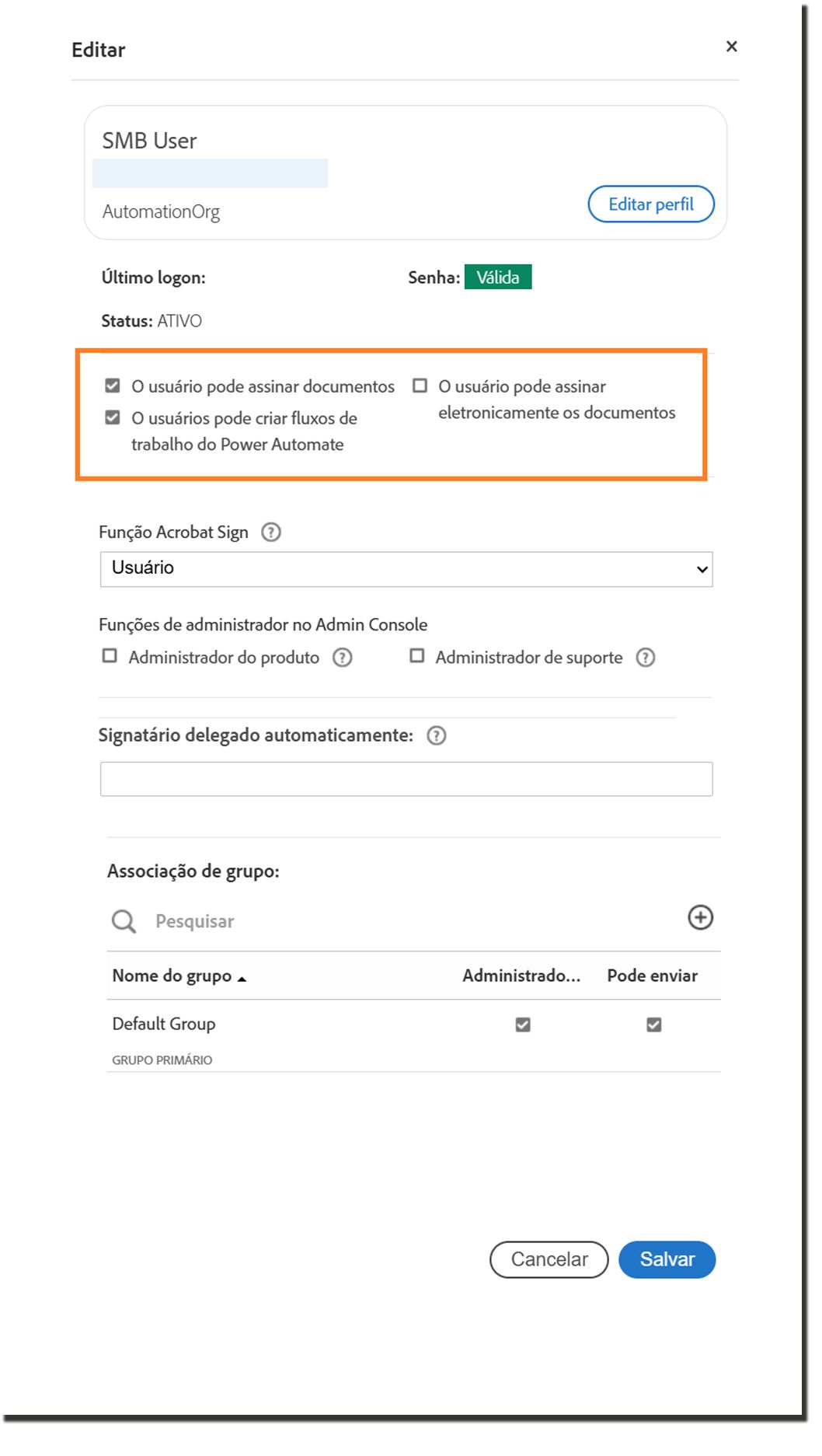 O painel de perfil do usuário, destacando as opções de autoridade do signatário.