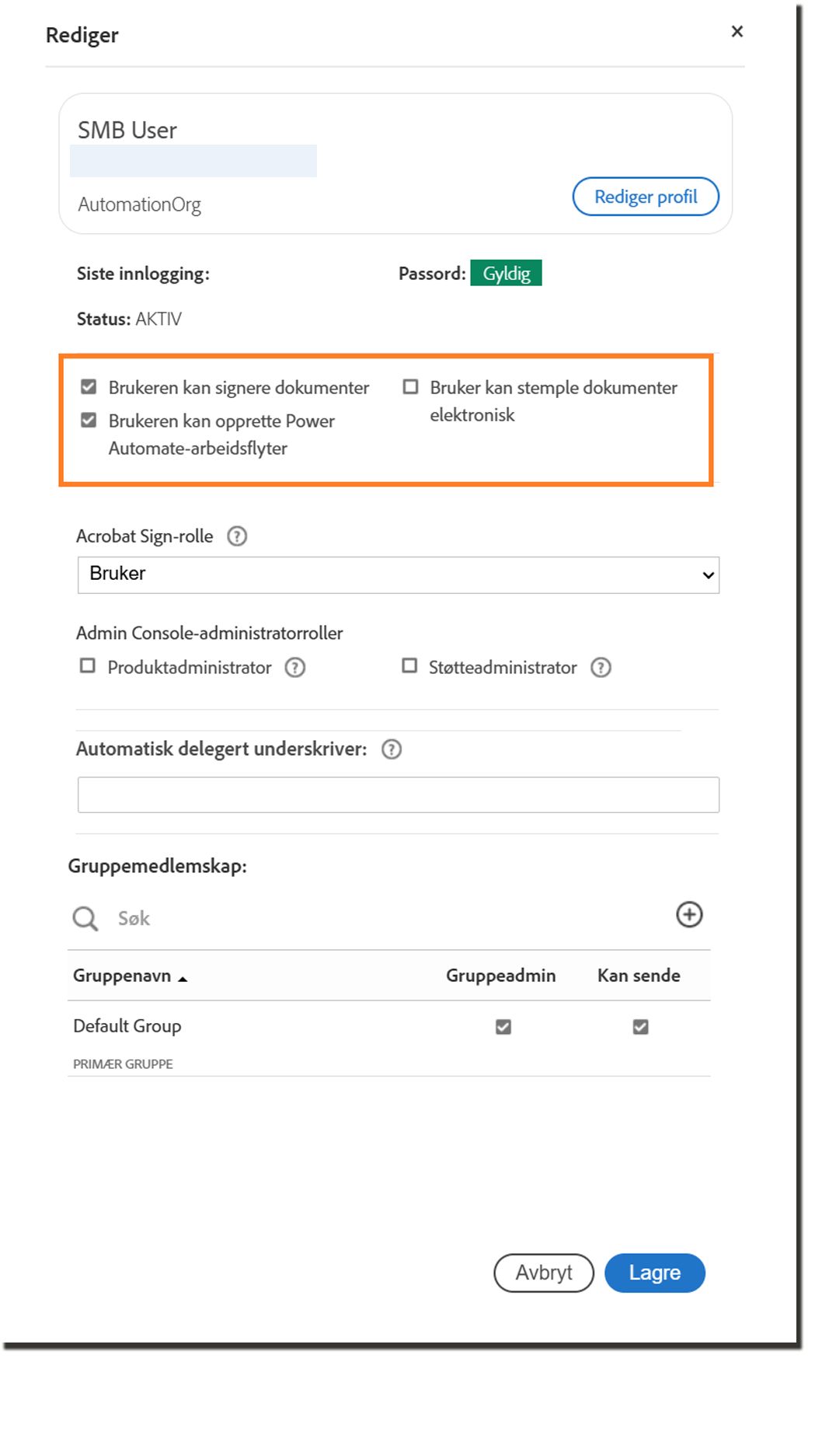 Brukerprofilpanelet uthever underskriverens autoritetsalternativer.