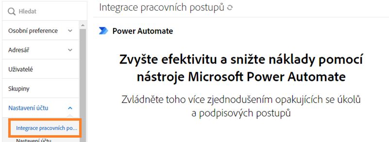 Osobní nabídka pro uživatele, který není správcem, se zvýrazněním karty Integrace pracovních postupů