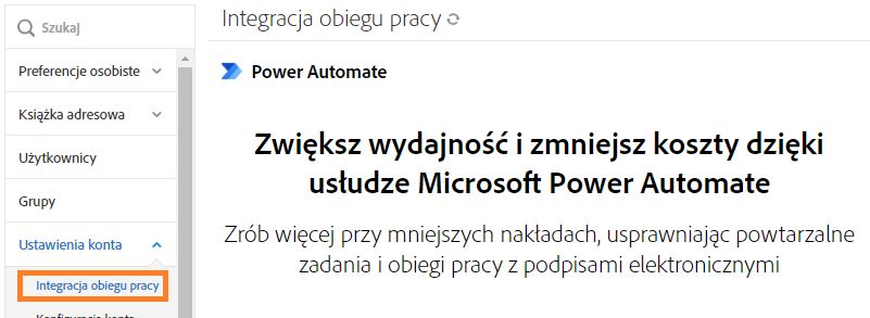 Menu osobiste dla osoby niebędącej administratorem z podświetloną kartą Integracje obiegu pracy