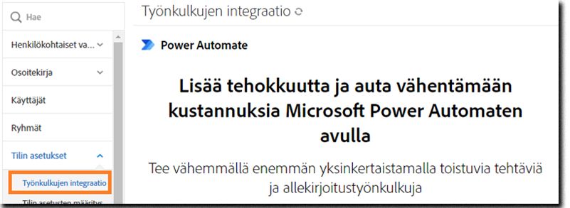 Muun kuin järjestelmänvalvojan henkilökohtainen valikko, jossa on korostettuna Työnkulun integrointi -välilehti