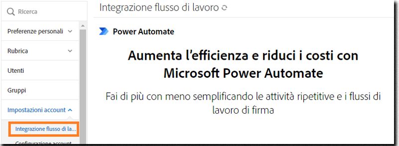 Menu personale di un utente non amministratore che evidenzia la scheda Integrazioni flusso di lavoro