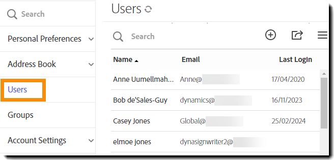 Acrobat Sign-Bedienoberfläche in der Ansicht für Kontoadmins.