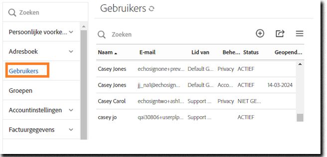 Acrobat Sign-gebruikersinterface in de accountbeheerweergave.