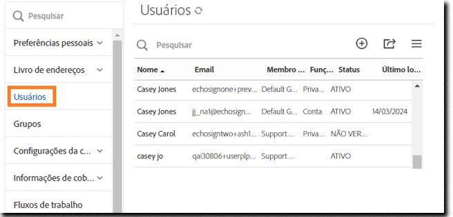 Interface do Acrobat Sign na exibição do administrador da conta.