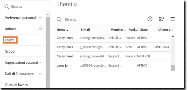 Interfaccia utente di Acrobat Sign nella vista di amministratore dell’account.