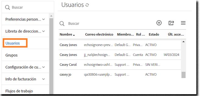 Interfaz de usuario de Acrobat Sign en la vista de administrador de cuentas.