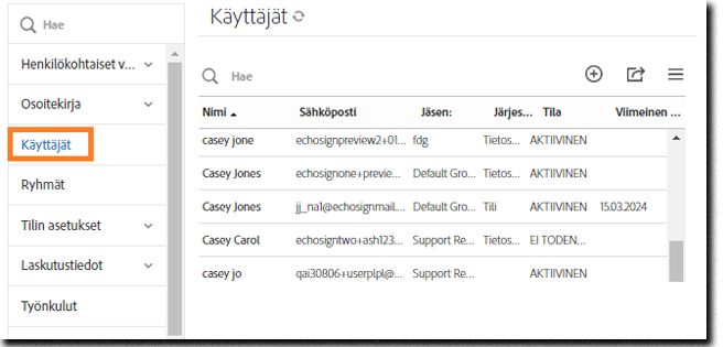 Acrobat Signin käyttöliittymä tilin hallintanäkymässä.
