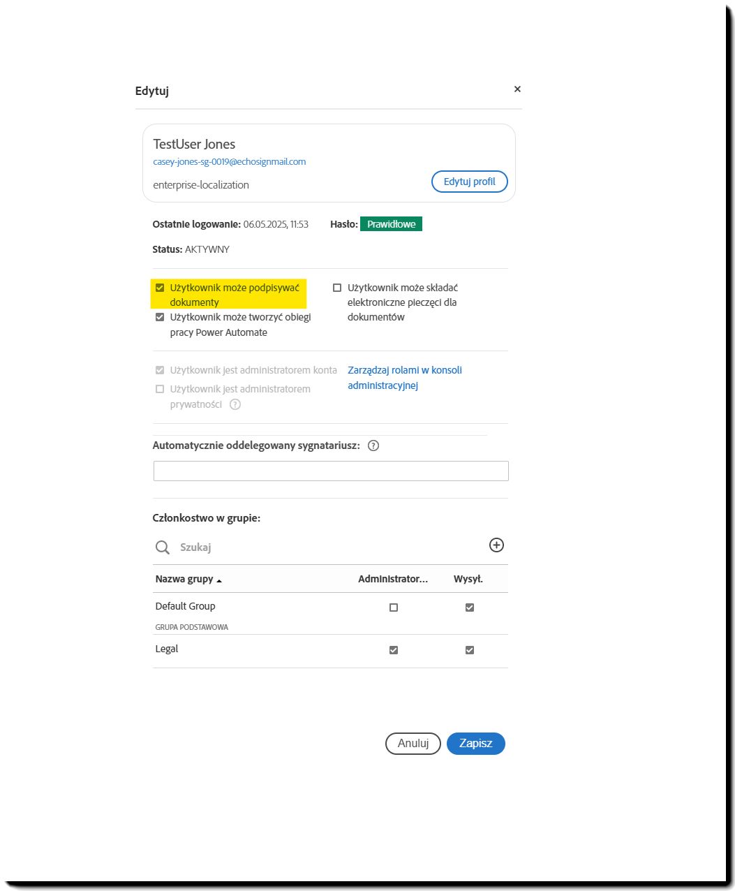 Profil użytkownika z wyróżnioną opcją Użytkownik może podpisywać