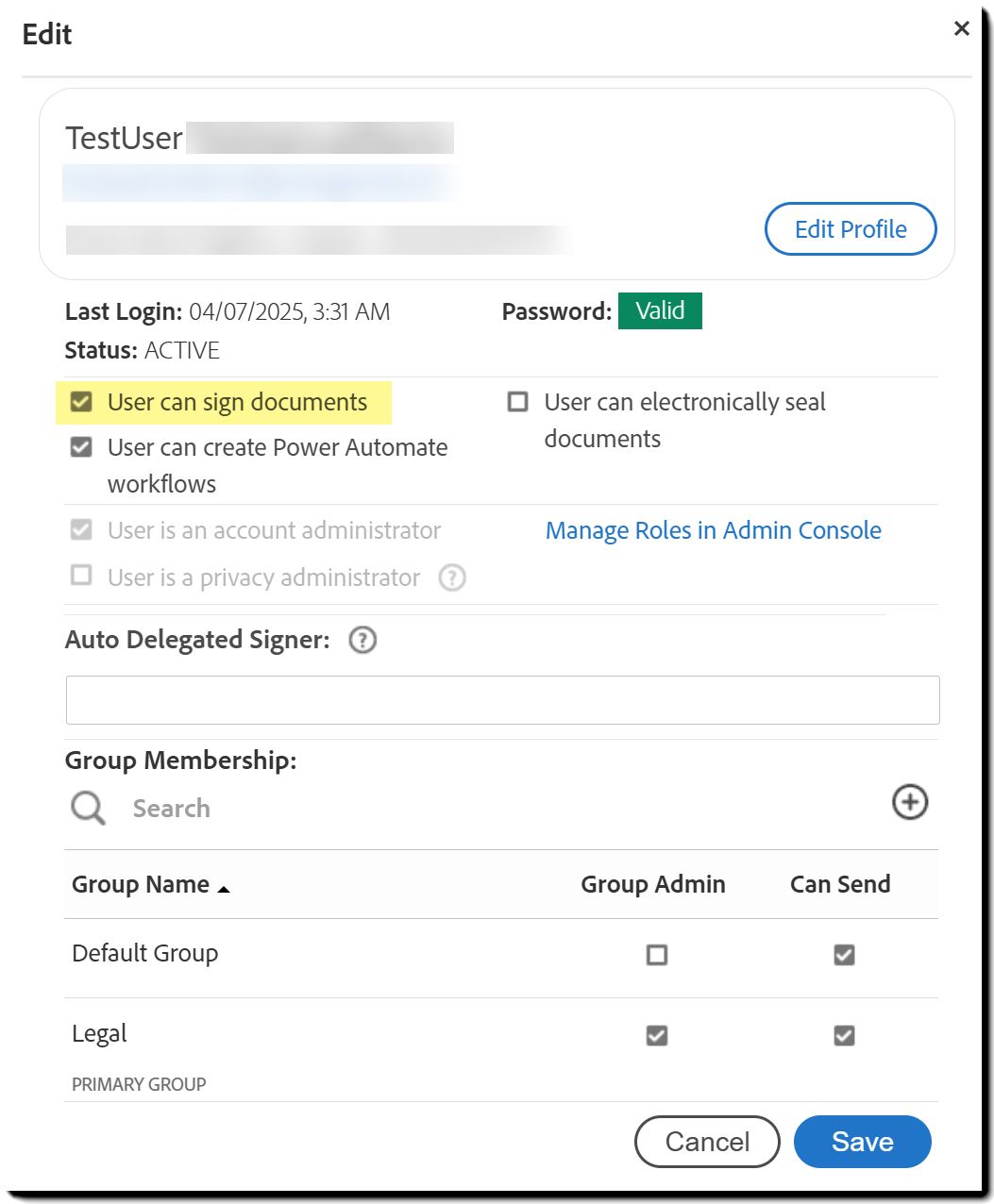 ユーザーの「送信可」オプションがハイライト表示されているユーザープロファイル