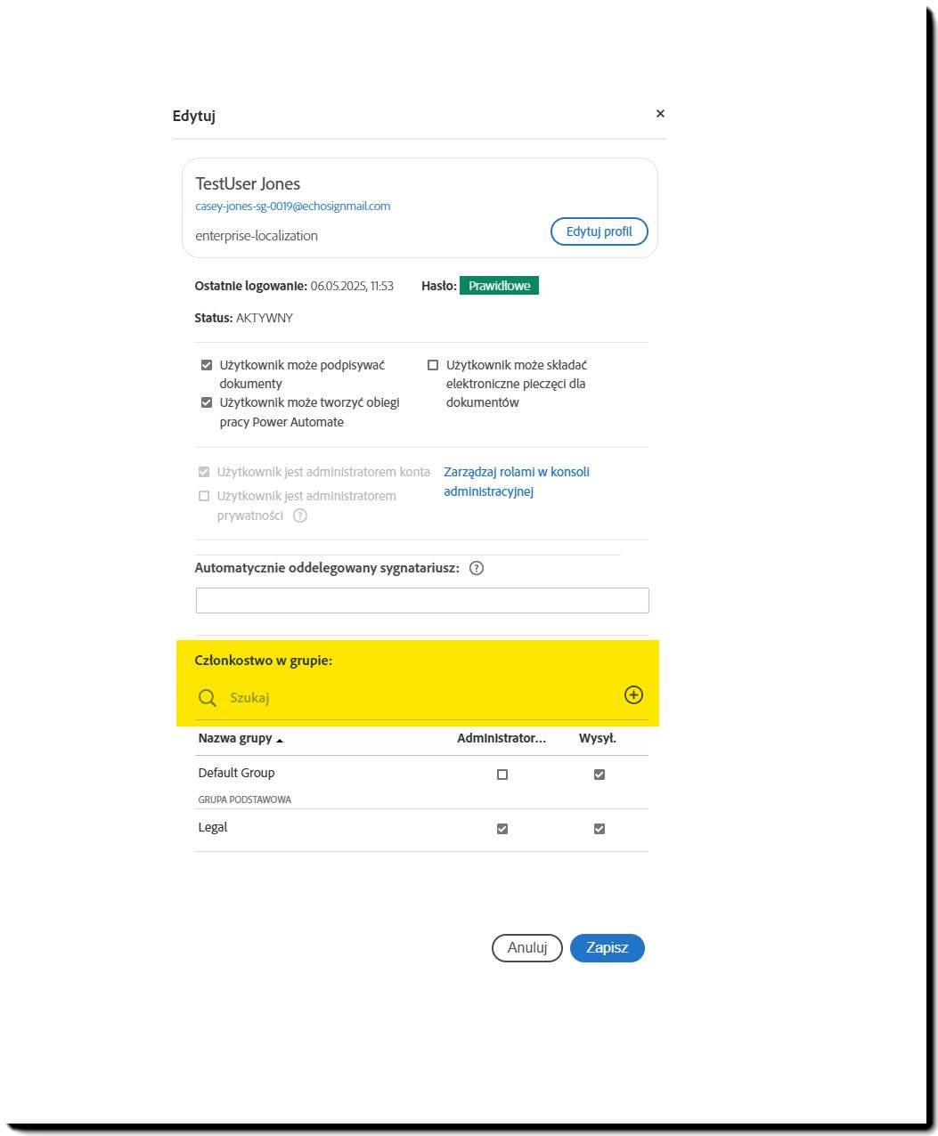 Profil użytkownika z podświetlonymi grupami użytkowników