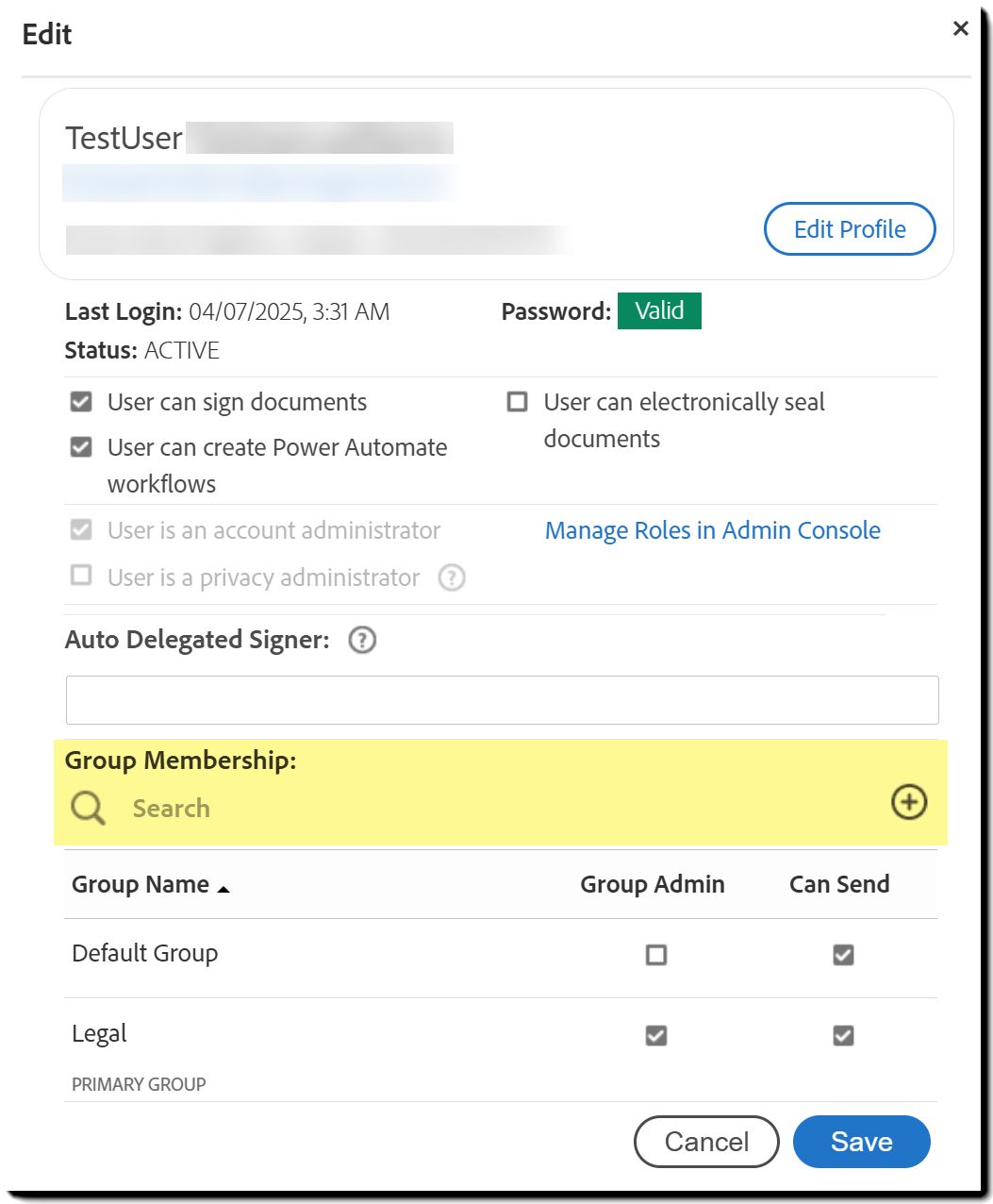 ユーザーグループがハイライト表示されているユーザープロファイル