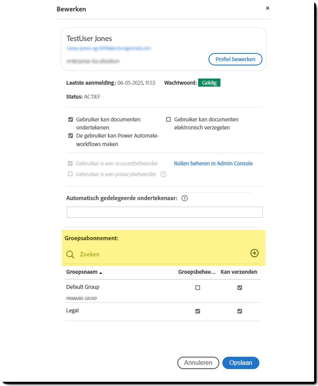 Gebruikersprofiel met gebruikersgroepen gemarkeerd