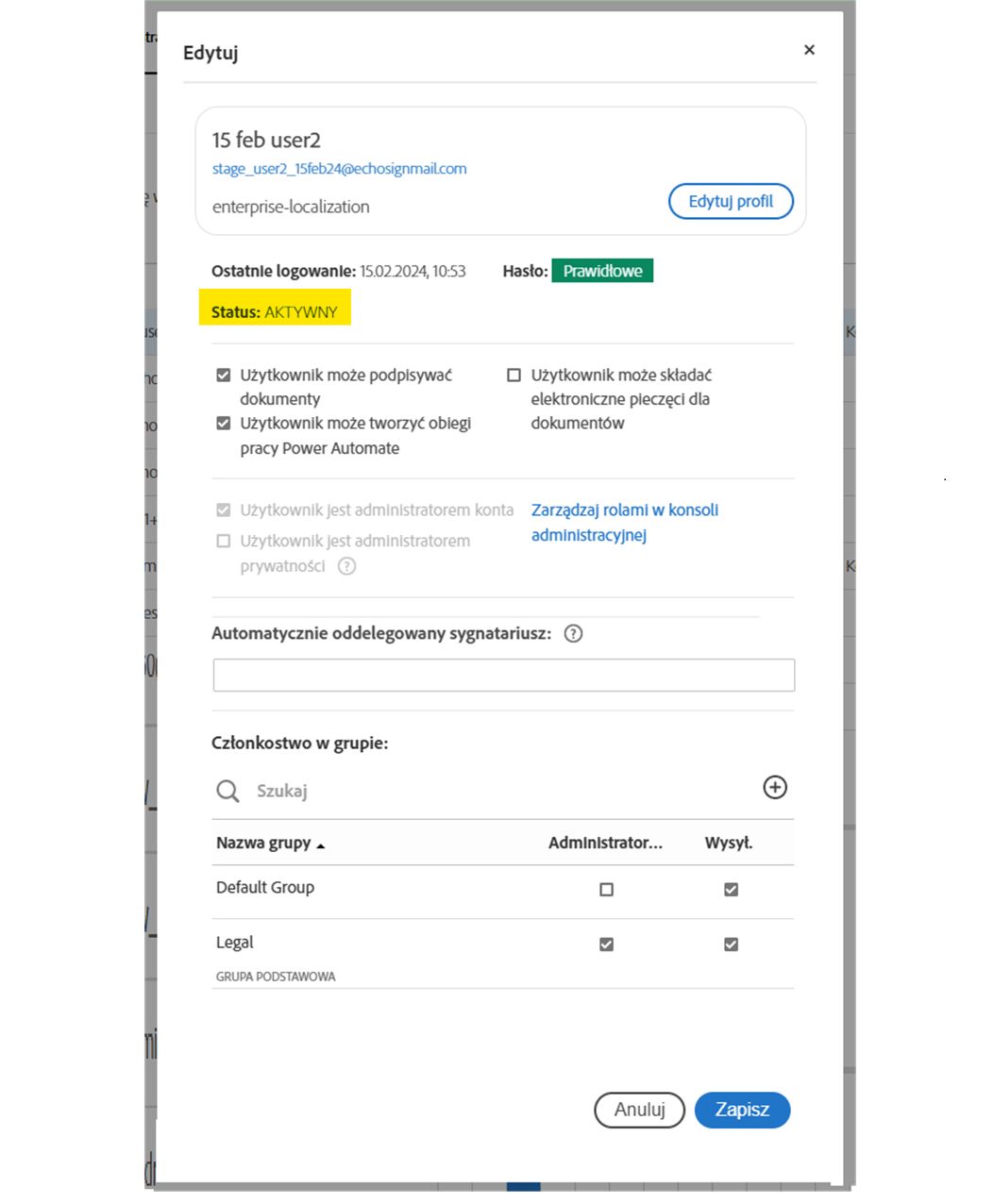Profil użytkownika z wyróżnionym statusem użytkownika