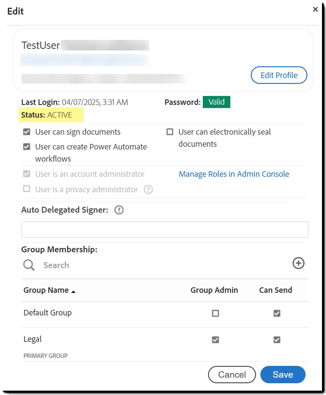 ユーザーステータスがハイライト表示されているユーザープロファイル