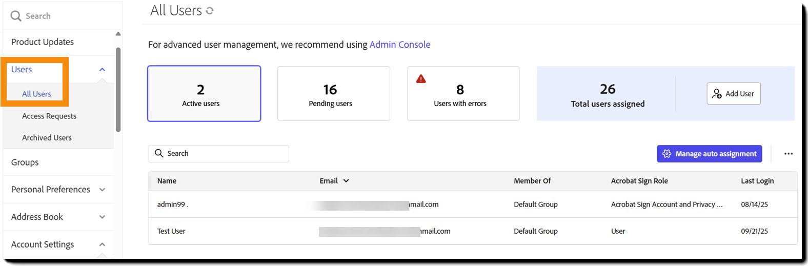 Käyttäjät-sivu, jossa näkyy Aktiiviset käyttäjät -näkymä