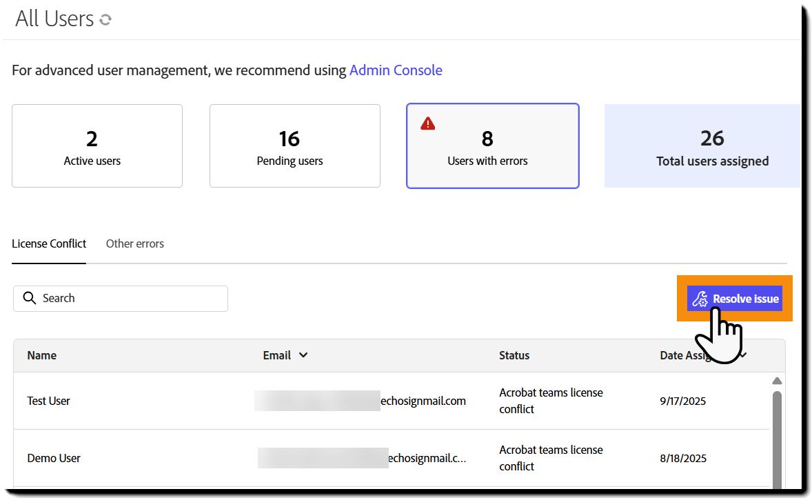 ”Käyttäjät, joilla on virheitä” -näkymä, jossa on korostettuna ”Ratkaise ongelma” -painike