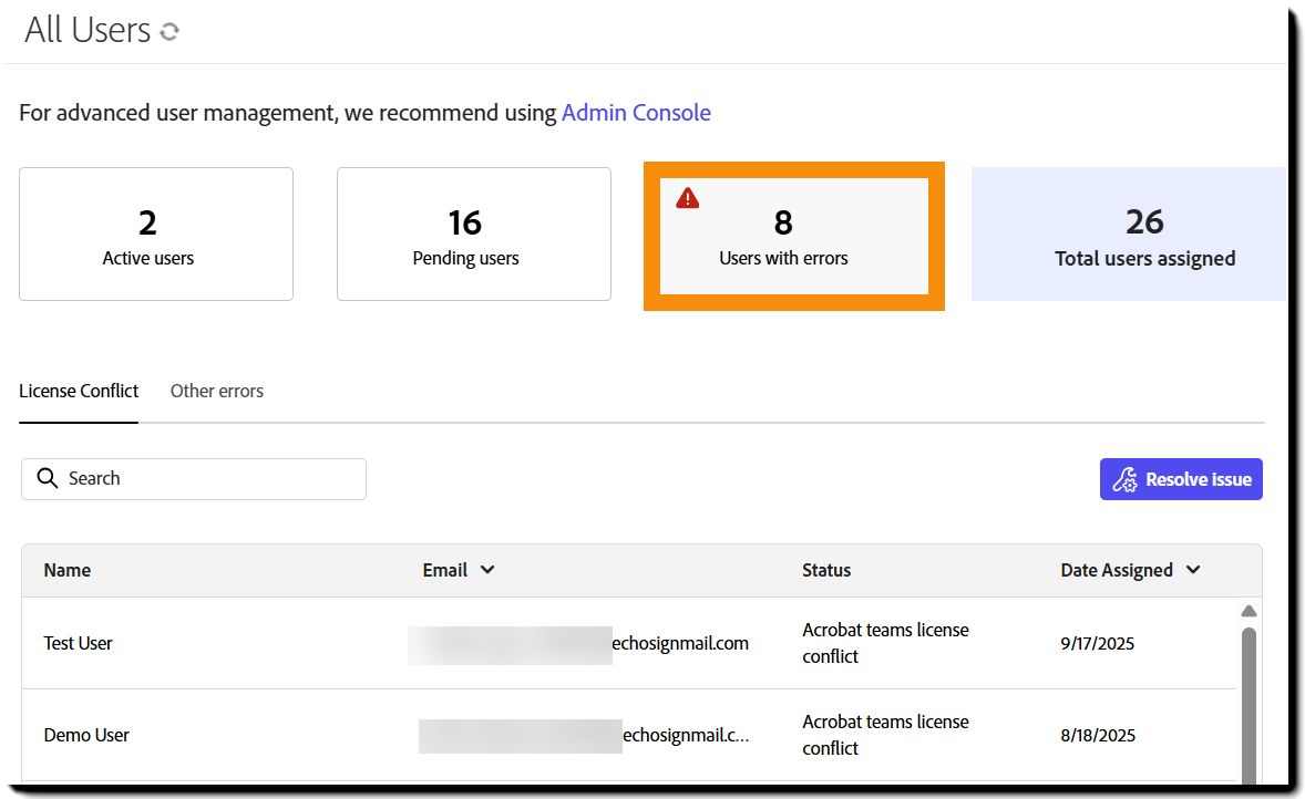 Hatalar görünümünü gösteren Kullanıcılar sayfası