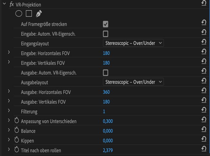 Effektoptionen für VR-Projektion