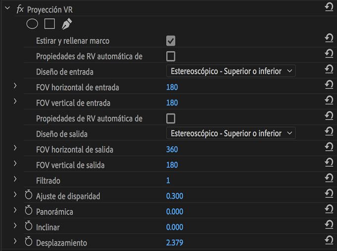 Opciones de efectos de proyección de realidad virtual