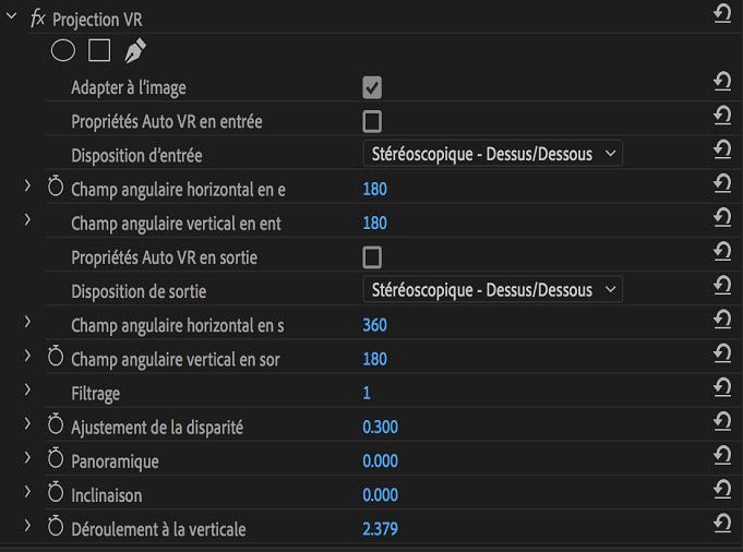 Options de l’effet Projection VR