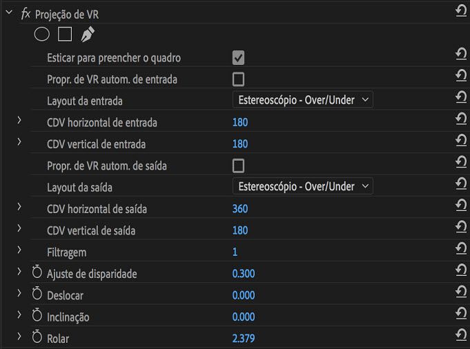 Opções de efeito de projeção VR