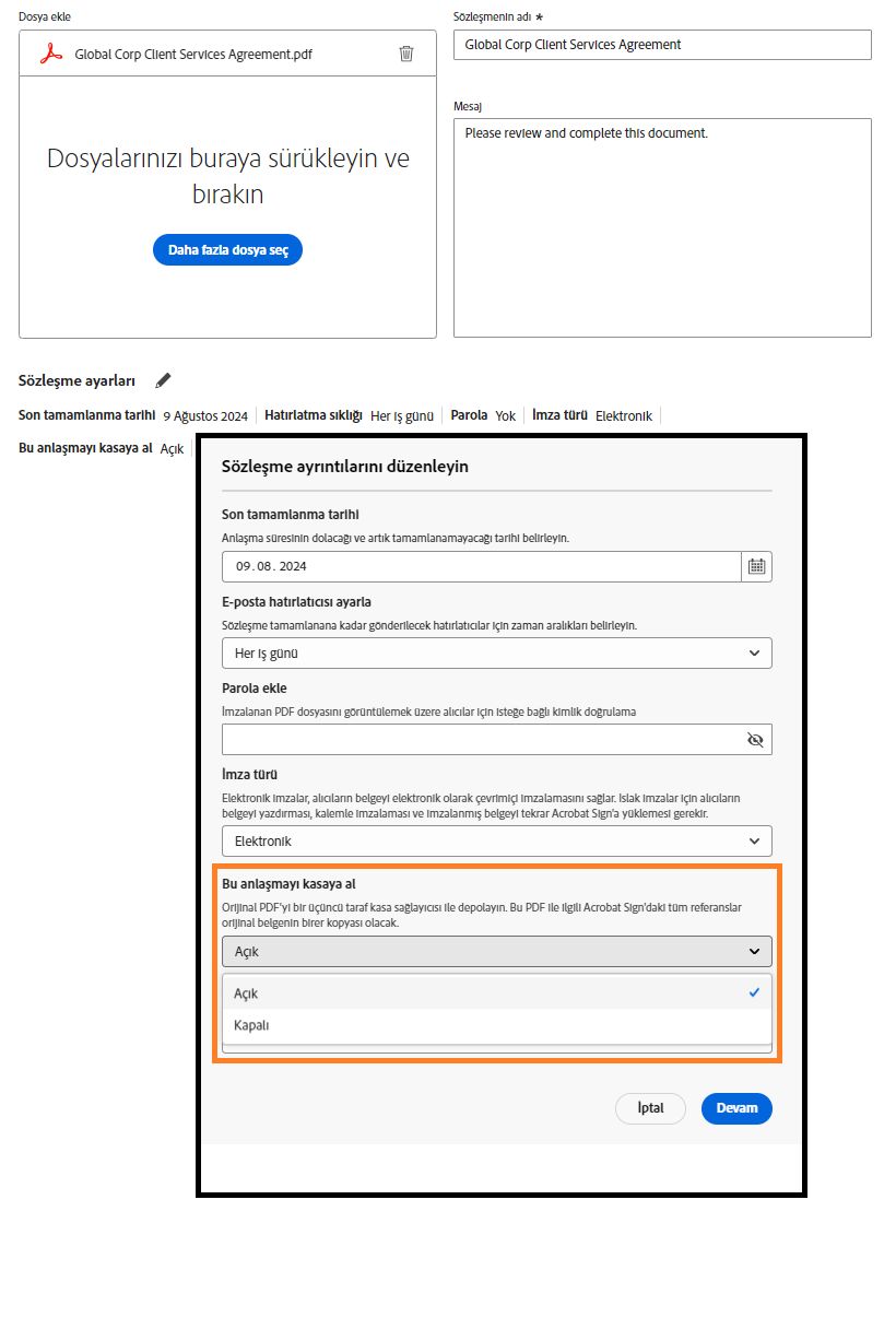 &quot;Bu sözleşmeyi kasaya al&quot; ayarını etkin durumda vurgulayan İmza İste sayfası.