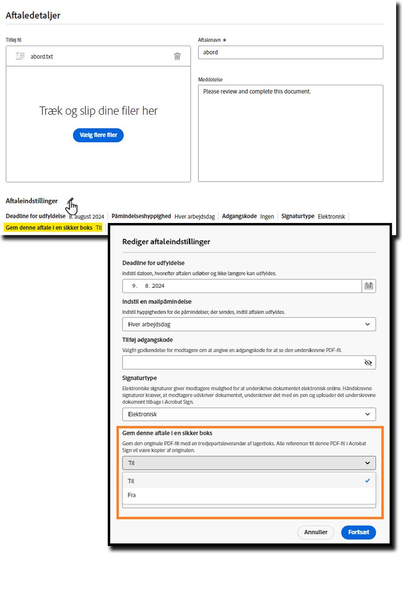 Siden Anmod om signatur fremhæver indstillingen &quot;Denne aftale skal lagres&quot; i en aktiveret tilstand.