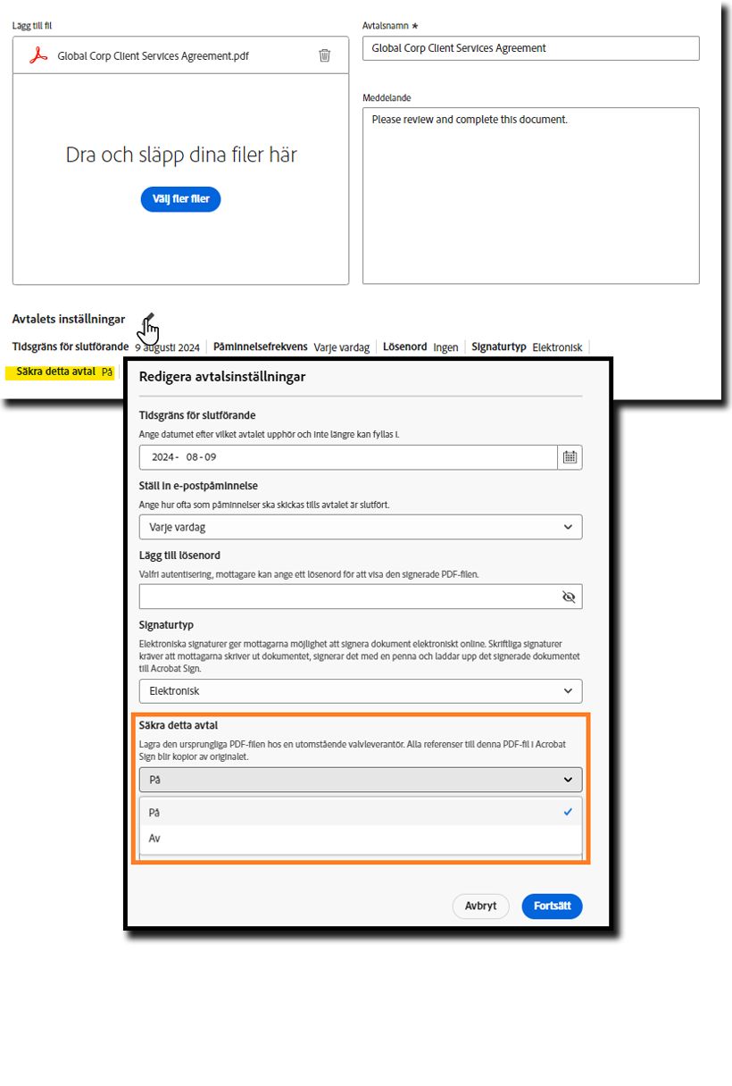 Sidan Begär signatur som markerar inställningen Säkra det här avtalet i en aktiverad status.