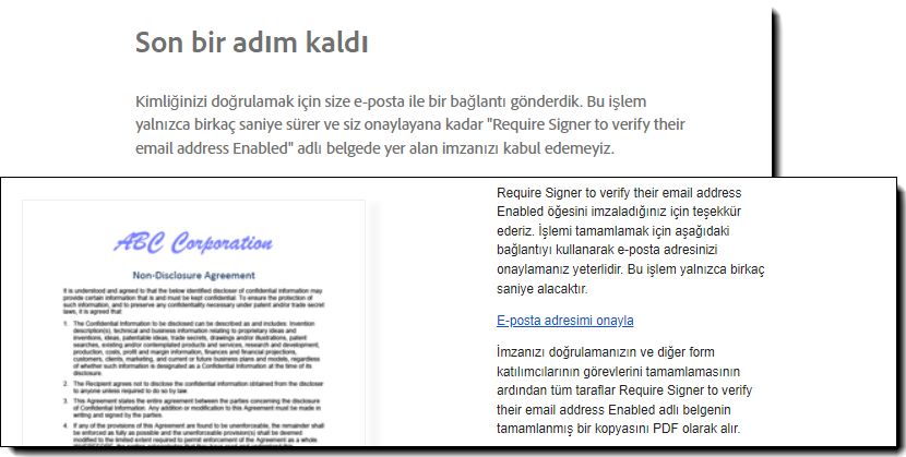 E-posta doğrulama imza sonrası sayfası ve e-posta bağlantısı