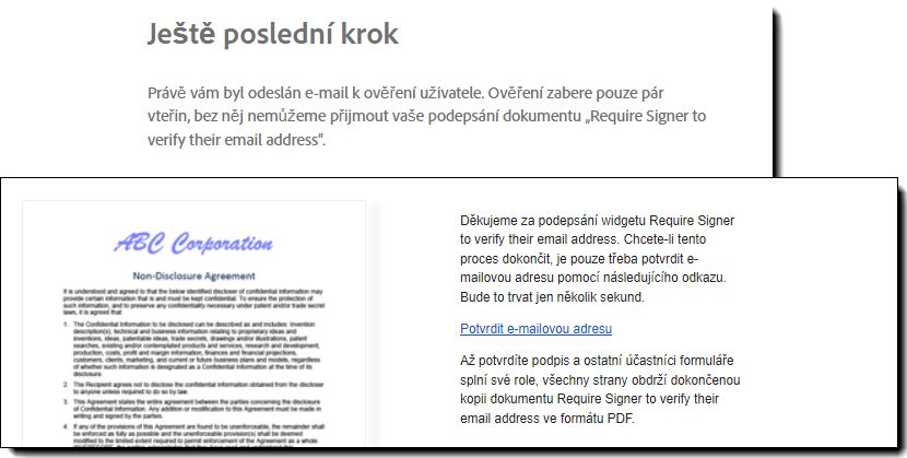 E-mailová stránka s ověřením po podepsání a e-mailový odkaz