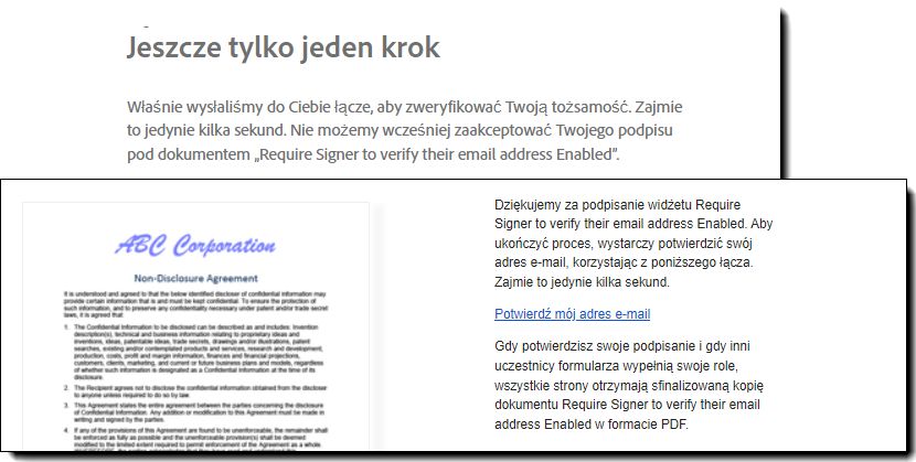 Strona weryfikacji adresu e-mail po podpisaniu i łącze w wiadomości e-mail