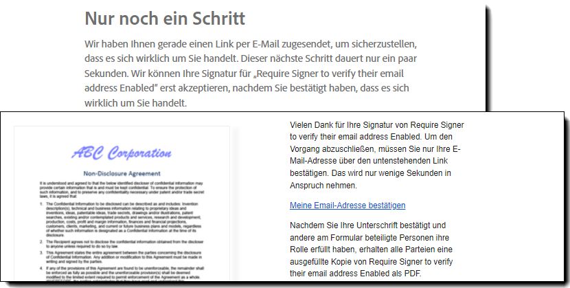 Seite und E-Mail-Link zur E-Mail-Verifizierung nach der Signierung