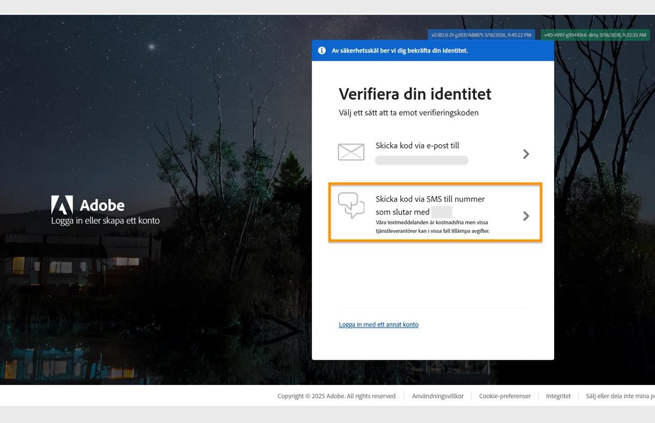 Fönstret Verifiera din identitet med alternativet Skicka kod till nummer markerat, för att skicka en kod till ditt registrerade telefonnummer.