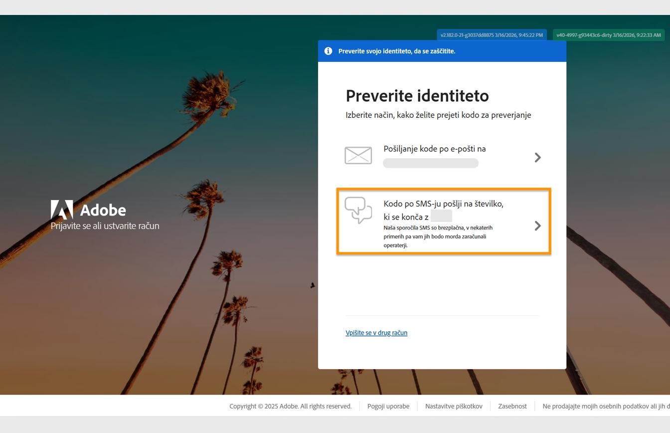 Okno za preverjanje identitete z označeno možnostjo za pošiljanje kode po SMS-ju za pošiljanje kode na registrirano telefonsko številko.