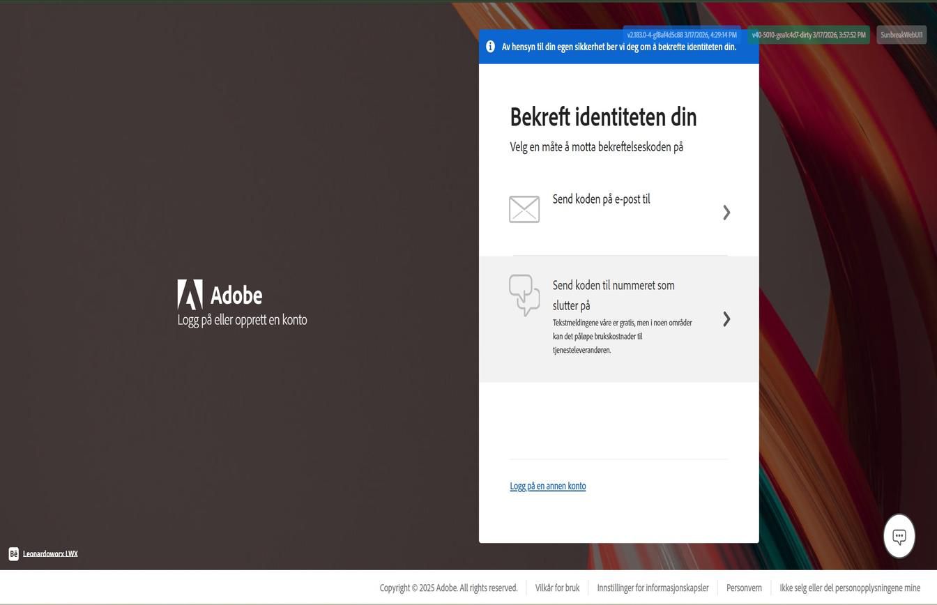 Vinduet Verifiser identiteten din med alternativet Send kode til nummer uthevet, for å sende en kode til det registrerte telefonnummeret ditt.