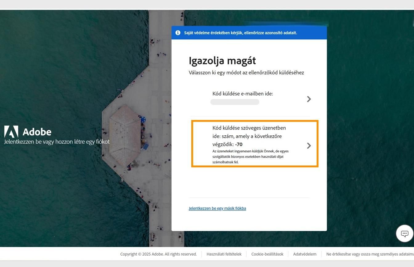 A Személyazonosság ellenőrzése ablak a kiemelt Kód küldése SMS-ben a következő számra opcióval, amely kódot küld regisztrált telefonszámára.