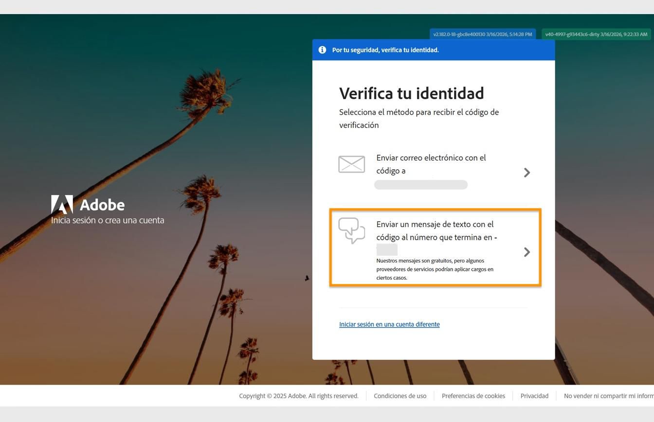 Ventana Verificar su identidad con la opción Enviar código por mensaje al número resaltada, para enviar un código a su número de teléfono registrado.