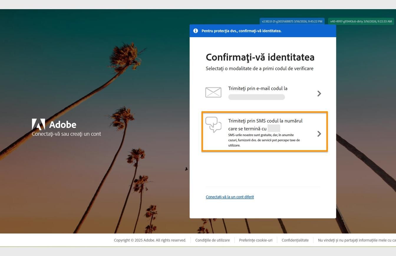 Fereastra Verificați-vă identitatea cu opțiunea Trimiteți codul prin SMS la număr evidențiată, pentru a trimite un cod la numărul de telefon înregistrat.
